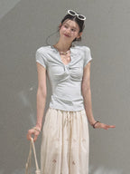 Gentle Melt Lyocell Beaded V-Neck T-Shirt