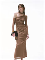 Vintage One-Shoulder Braided Ruched Maxi Dress