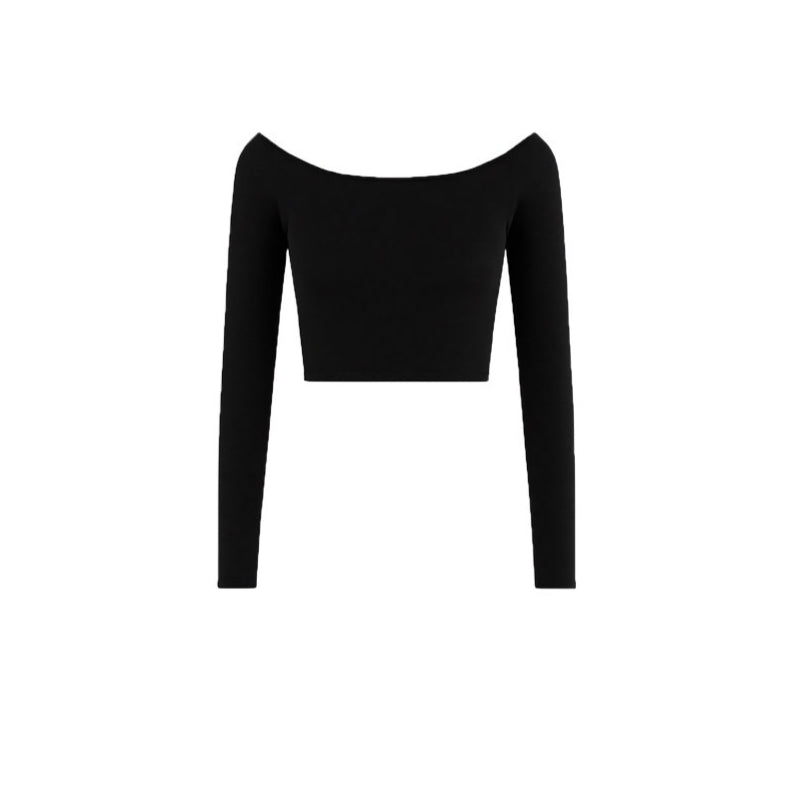 Off-Shoulder Cropped Fitted Long Sleeve T-Shirt