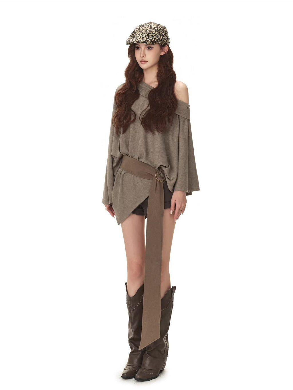 Cape-Style Off-Shoulder Long T-Shirt