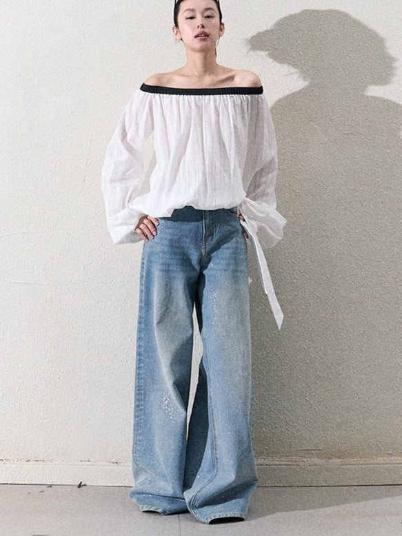 Cotton Silver-Splatter Wide-Leg Jeans