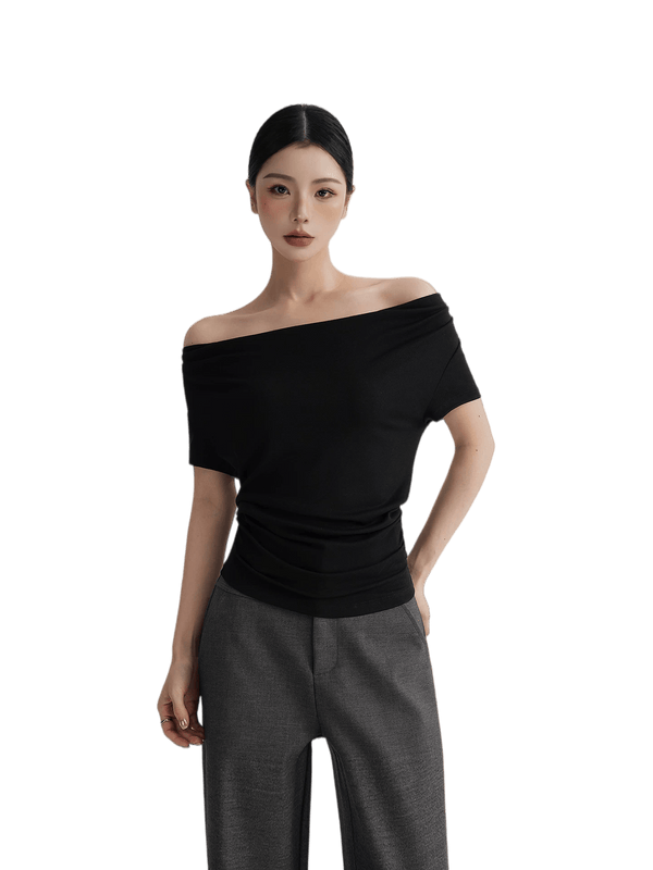 Draped Off-Shoulder Fitted Short Sleeve T-Shirt