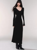 V-Neck Waist-Defining Knit Maxi Dress