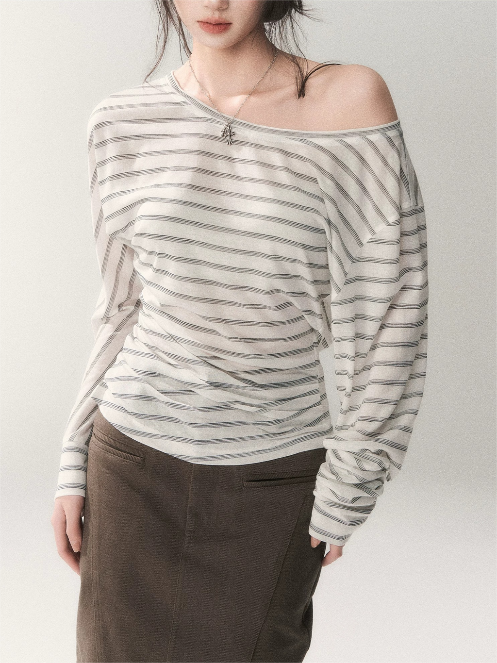 Asymmetric Off-Shoulder Striped Tencel Slim-Fit Long Sleeve Top