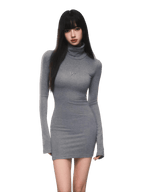 Slim-Fit Turtleneck Flared-Sleeve Knit Dress