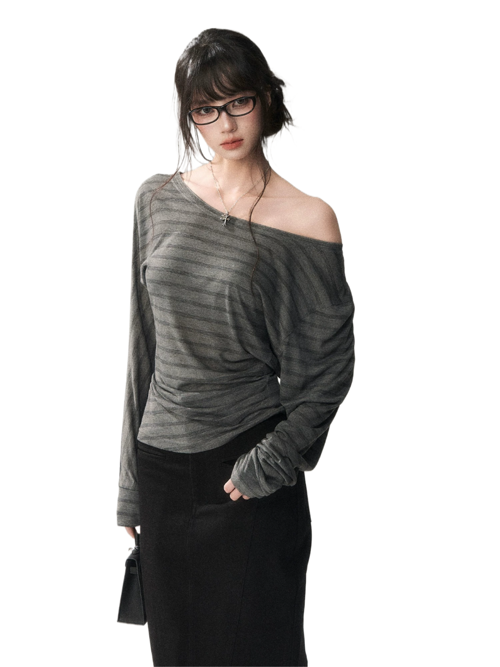 Asymmetric Off-Shoulder Striped Tencel Slim-Fit Long Sleeve Top