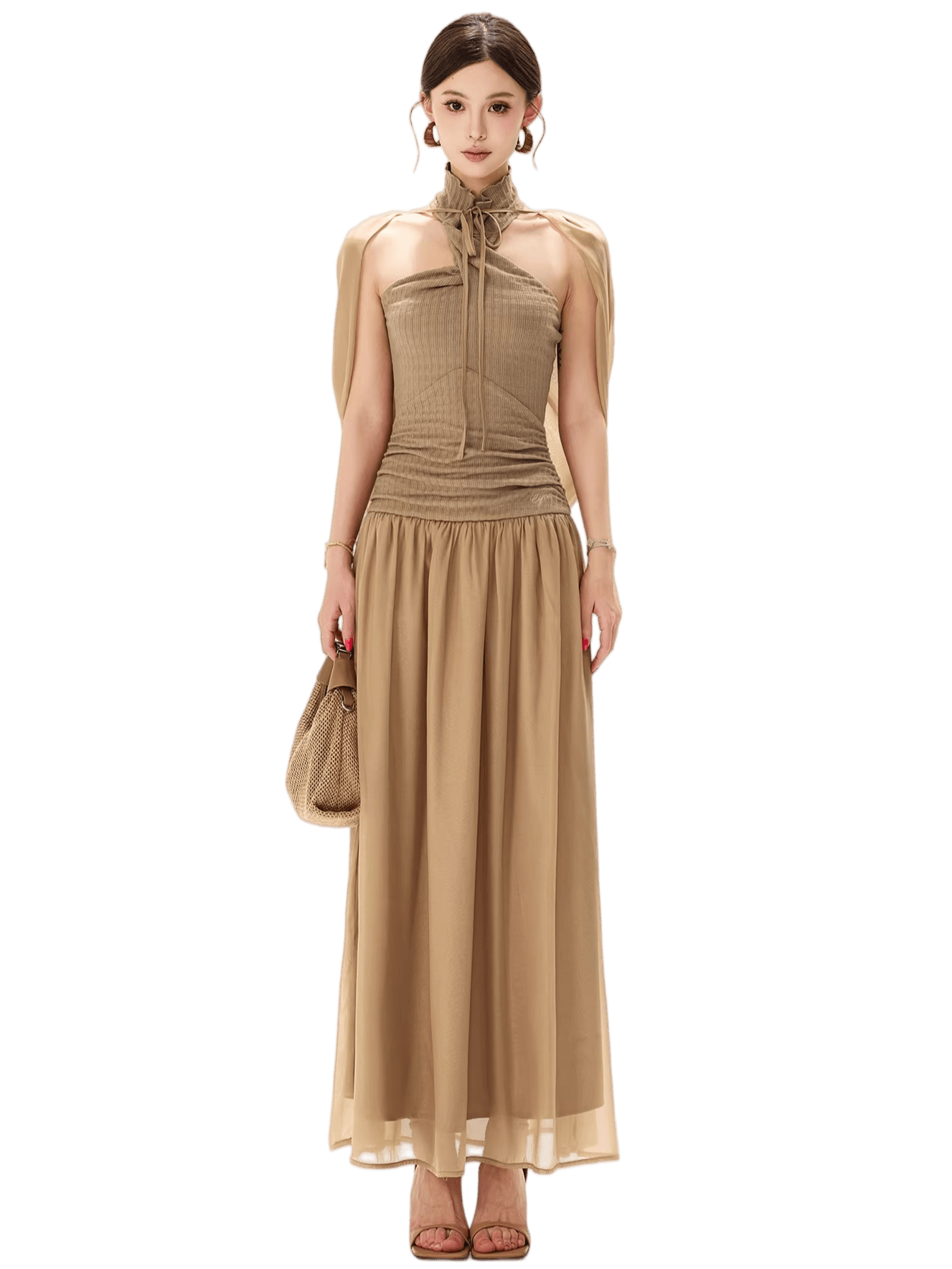 French Court Halter Draped Knit Maxi Dress
