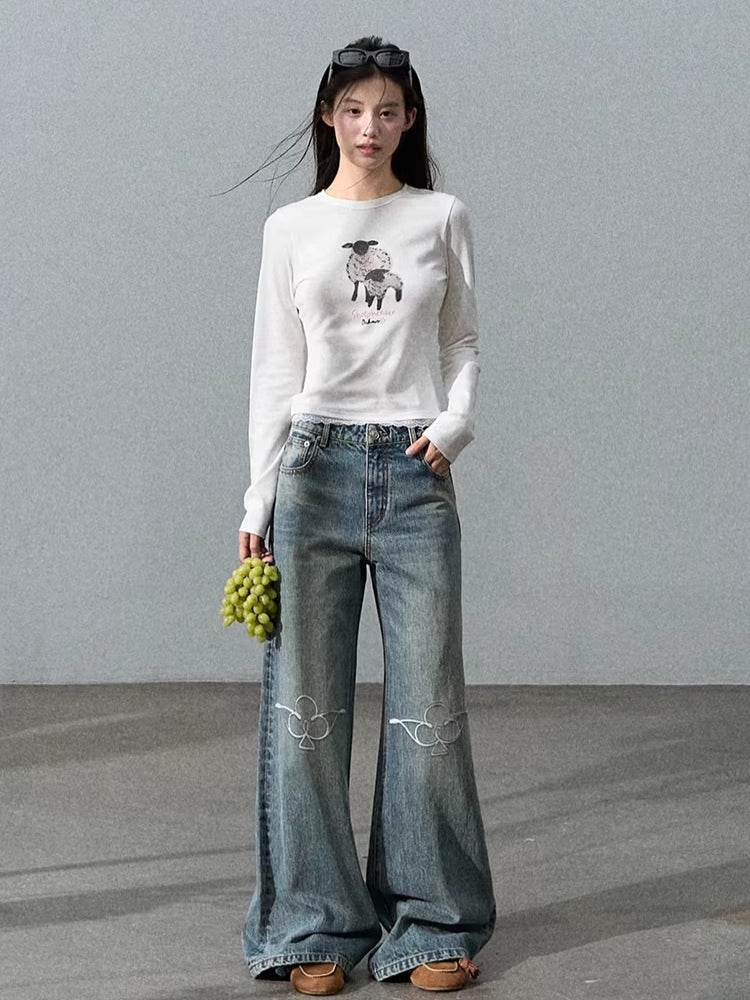 Vintage-Washed Cotton Wide-Leg Jeans