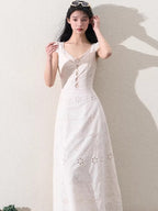 Cream White Lace-Panel Slim Fit Textured Dress