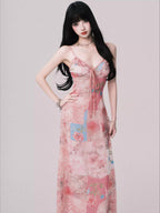 Floral V-Neck Spliced Print Slip Dress