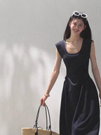 Square Shoulders U-Neck Fitted Dress
