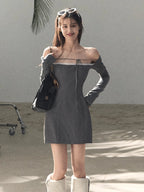 Slim-Fit Black Waist-Cinched Long-Sleeve Dress