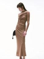 Vintage One-Shoulder Braided Ruched Maxi Dress