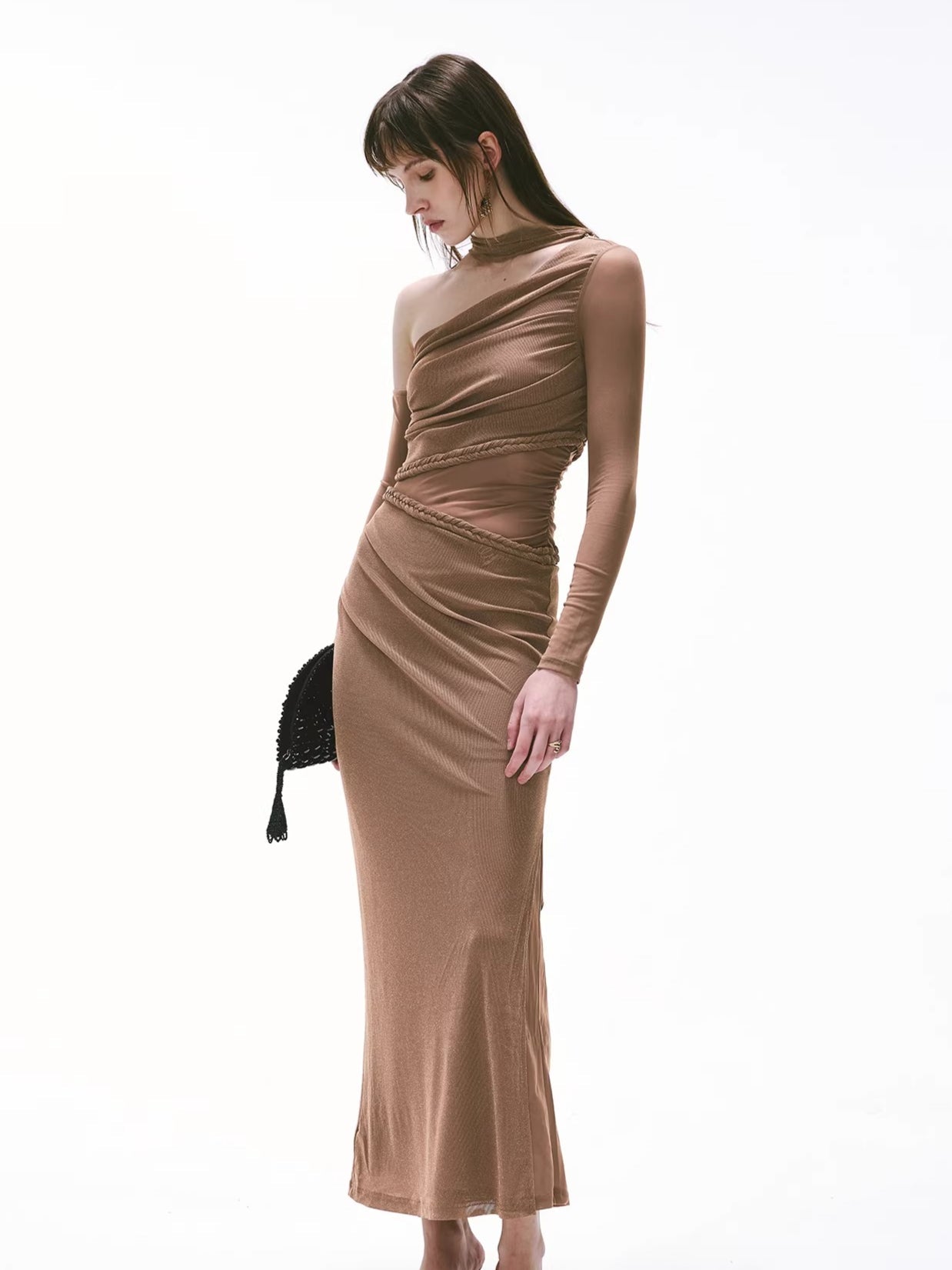 Vintage One-Shoulder Braided Ruched Maxi Dress