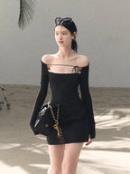 Slim-Fit Black Waist-Cinched Long-Sleeve Dress
