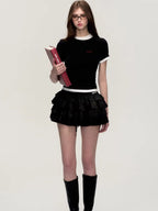 Embroidered Tiered Puff Mini Skirt