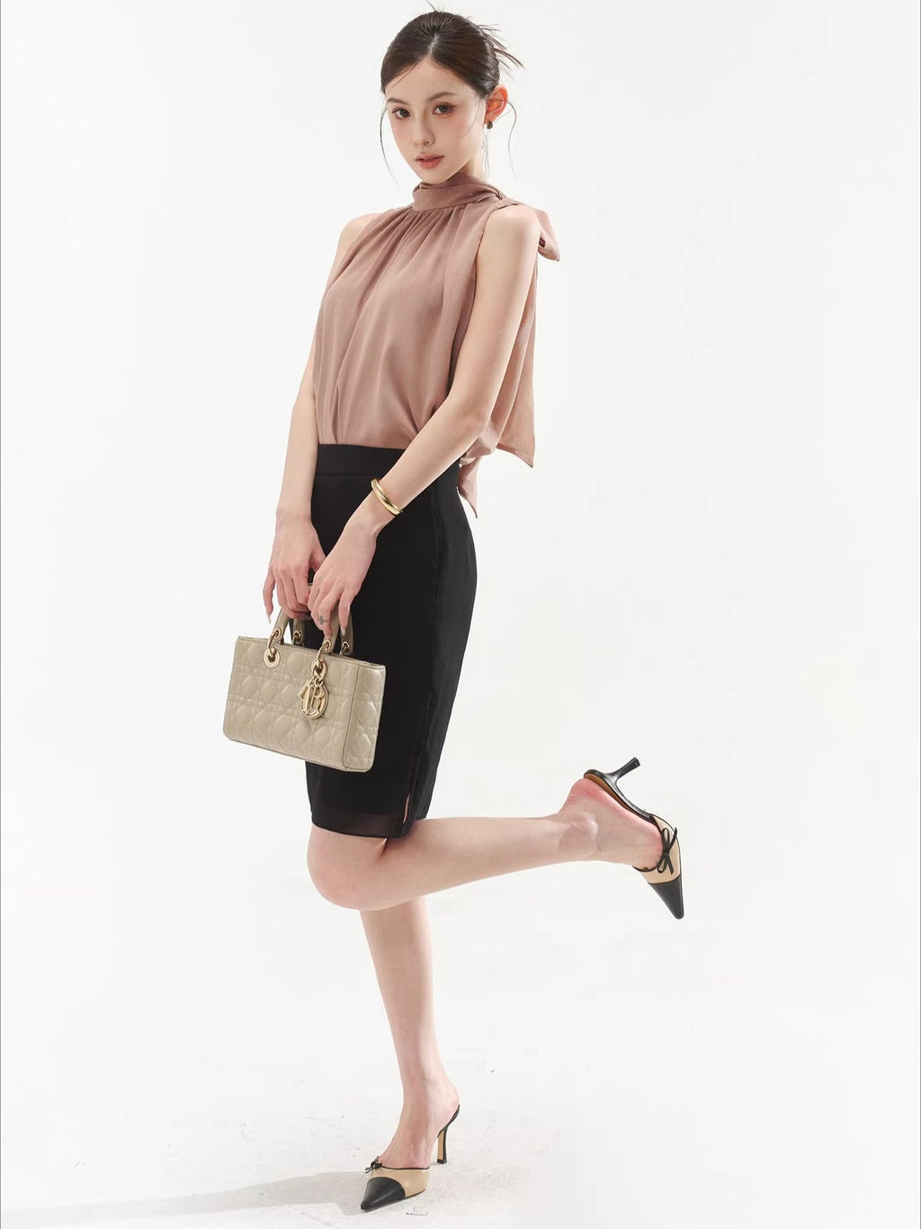 Sleeveless Drape Top & High-Waist Straight Midi Skirt Set