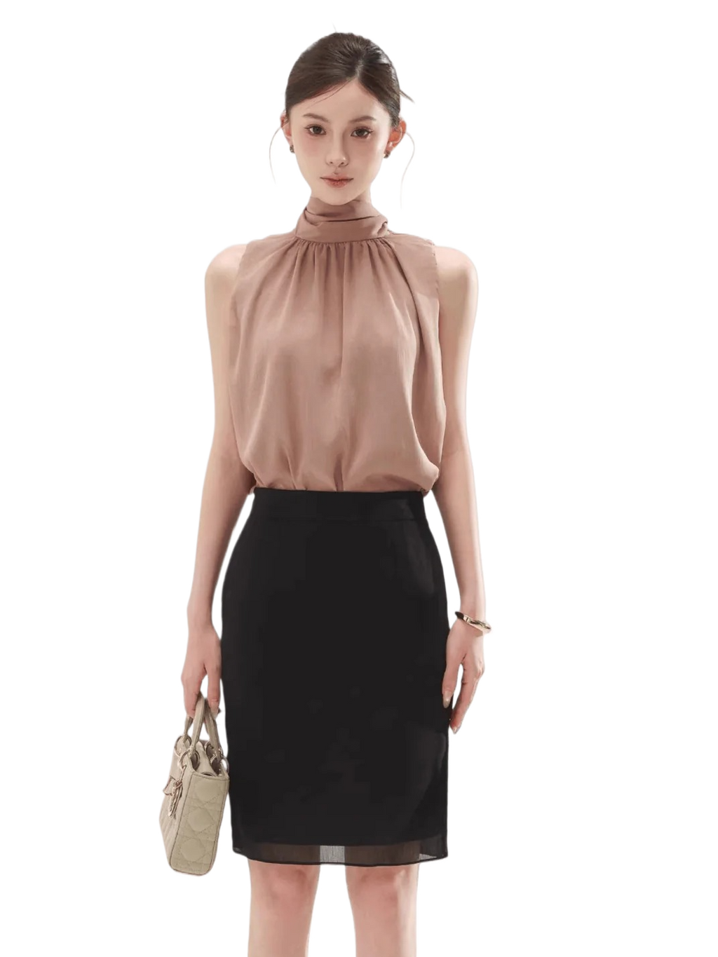 Sleeveless Drape Top & High-Waist Straight Midi Skirt Set