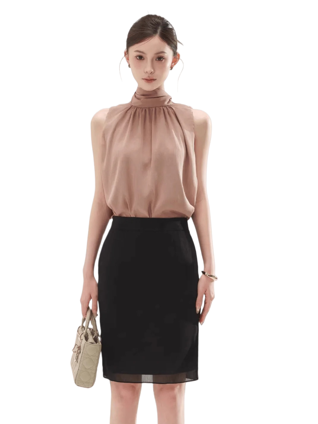 Sleeveless Drape Top & High-Waist Straight Midi Skirt Set