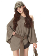 Cape-Style Off-Shoulder Long T-Shirt