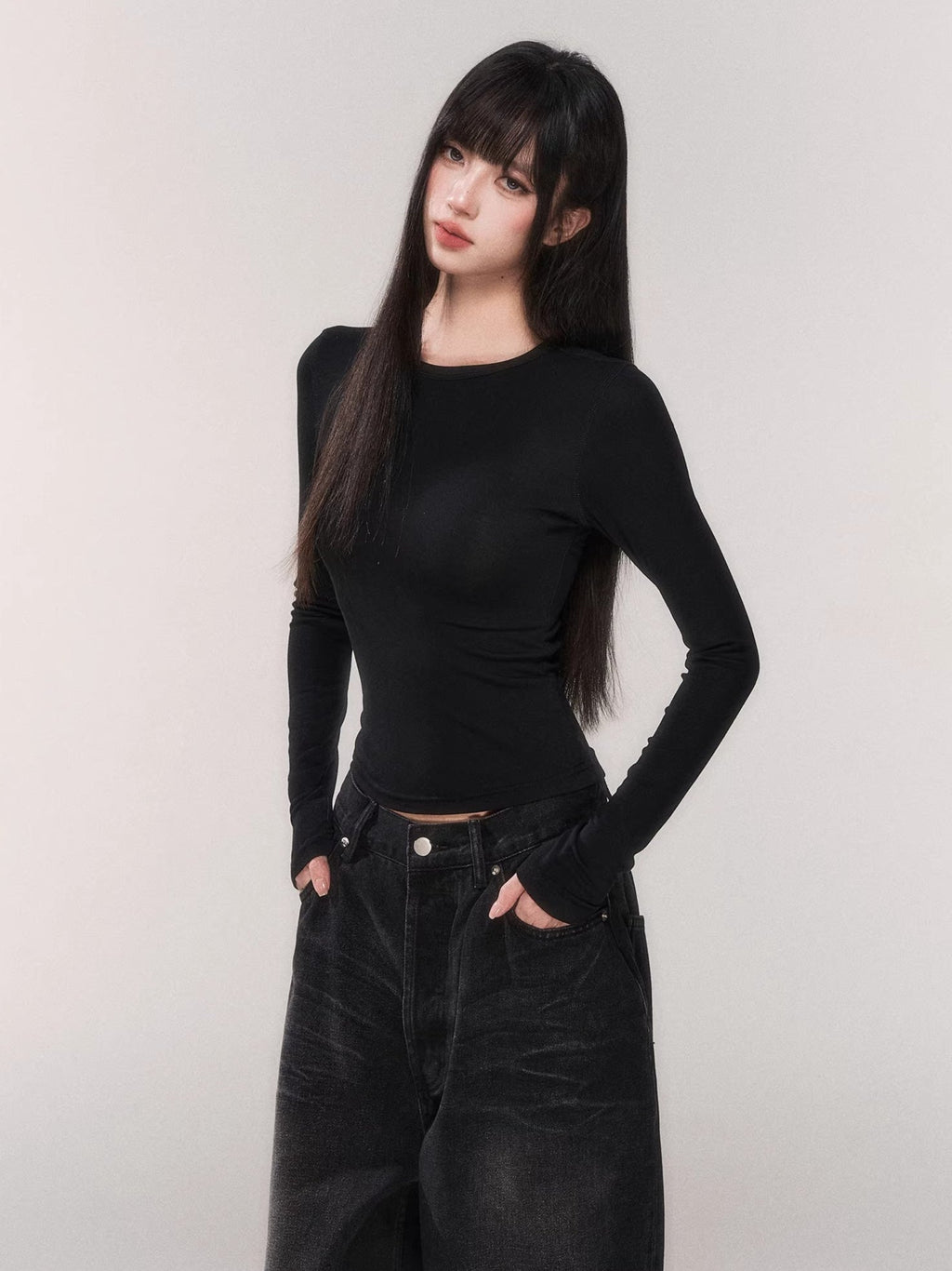 Waist-Cinching Long-Sleeve Crewneck Base Tee