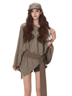 Cape-Style Off-Shoulder Long T-Shirt