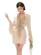 Elegant Ruffled Lace V-Neck Satin Mini Dress