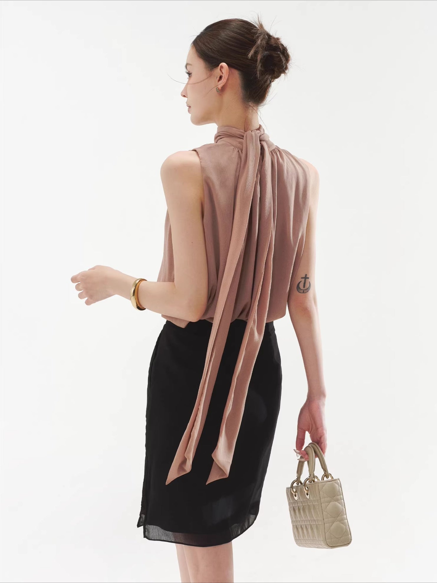 Sleeveless Drape Top & High-Waist Straight Midi Skirt Set