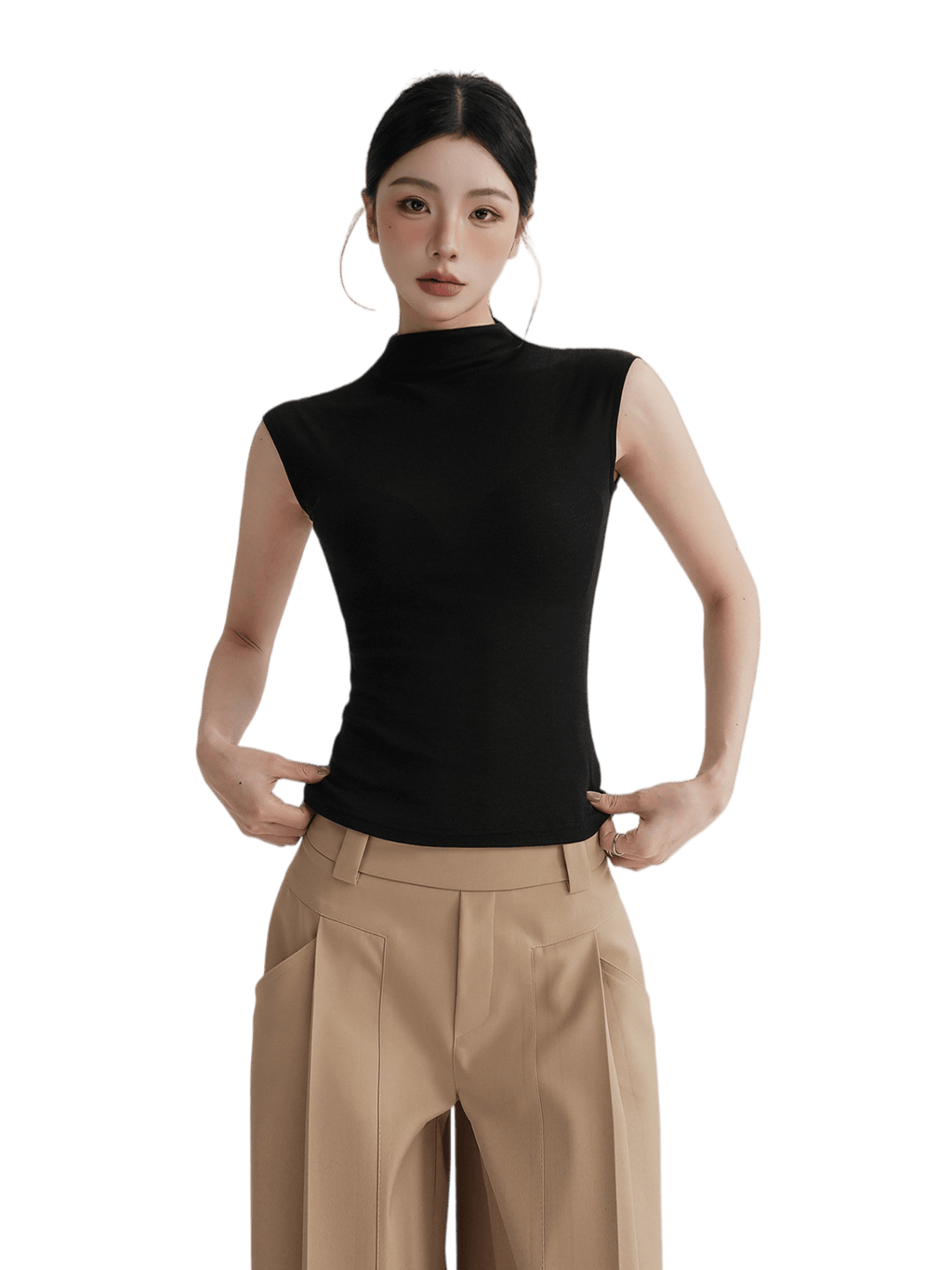 Silk Lyocell High-Neck Sleeveless Fitted T-Shirt