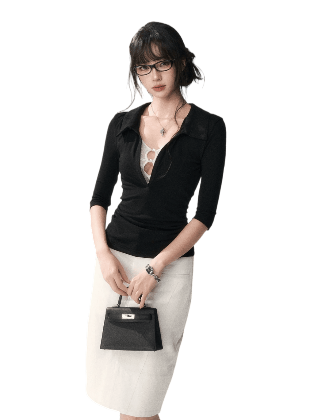Black Lace Panel Faux-Layer Fitted Top