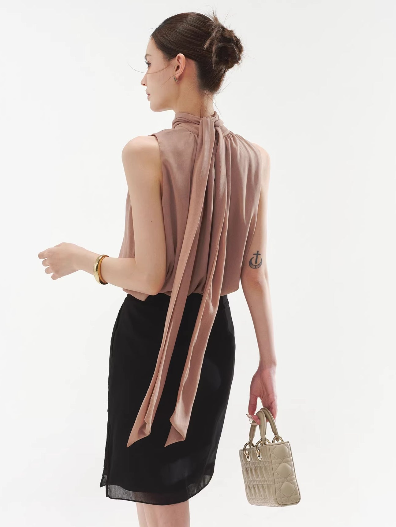 Sleeveless Drape Top & High-Waist Straight Midi Skirt Set