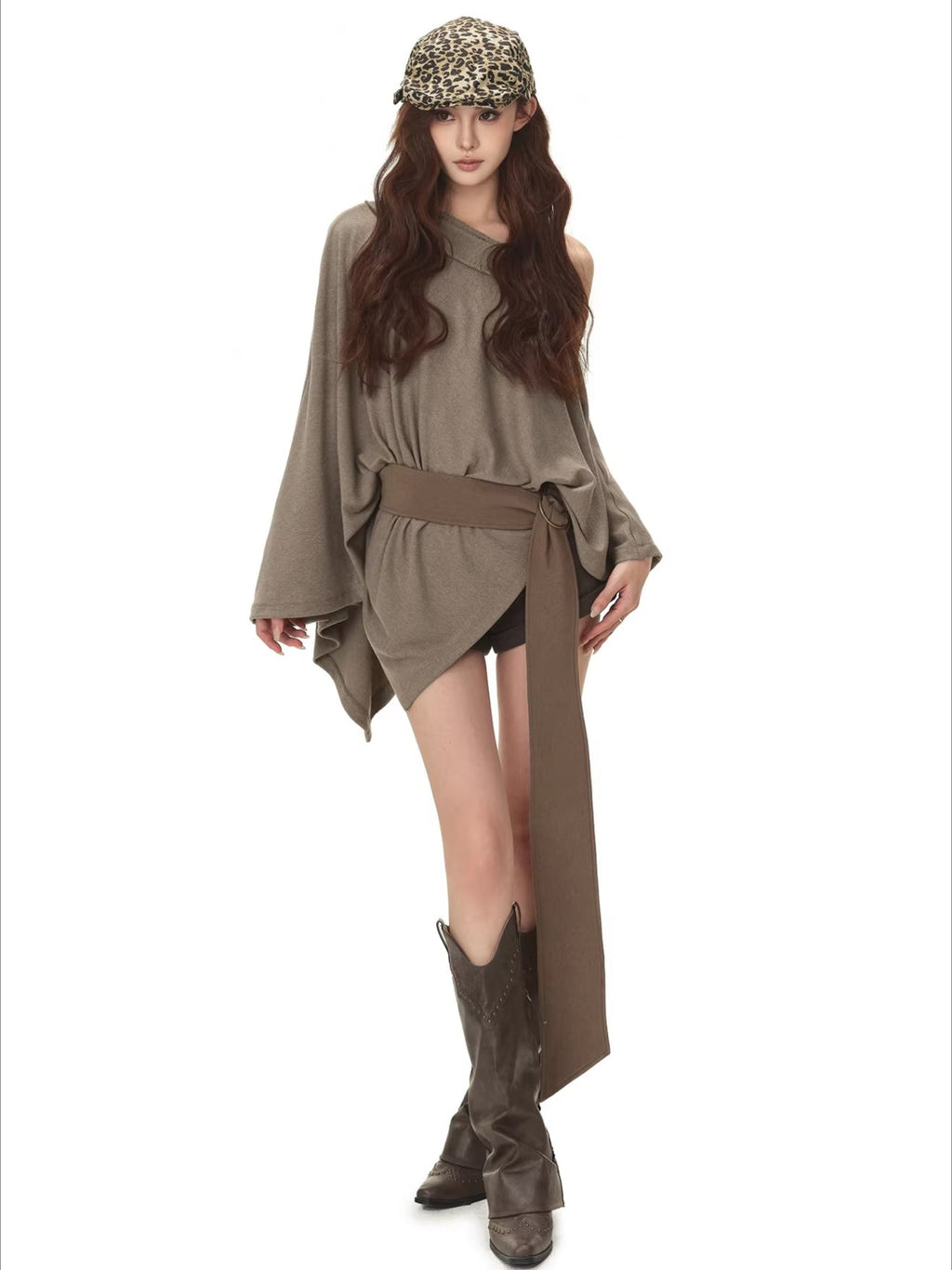 Cape-Style Off-Shoulder Long T-Shirt
