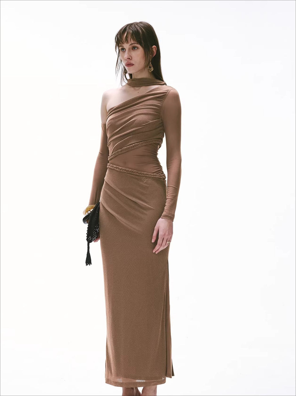 Vintage One-Shoulder Braided Ruched Maxi Dress