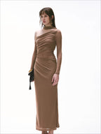 Vintage One-Shoulder Braided Ruched Maxi Dress