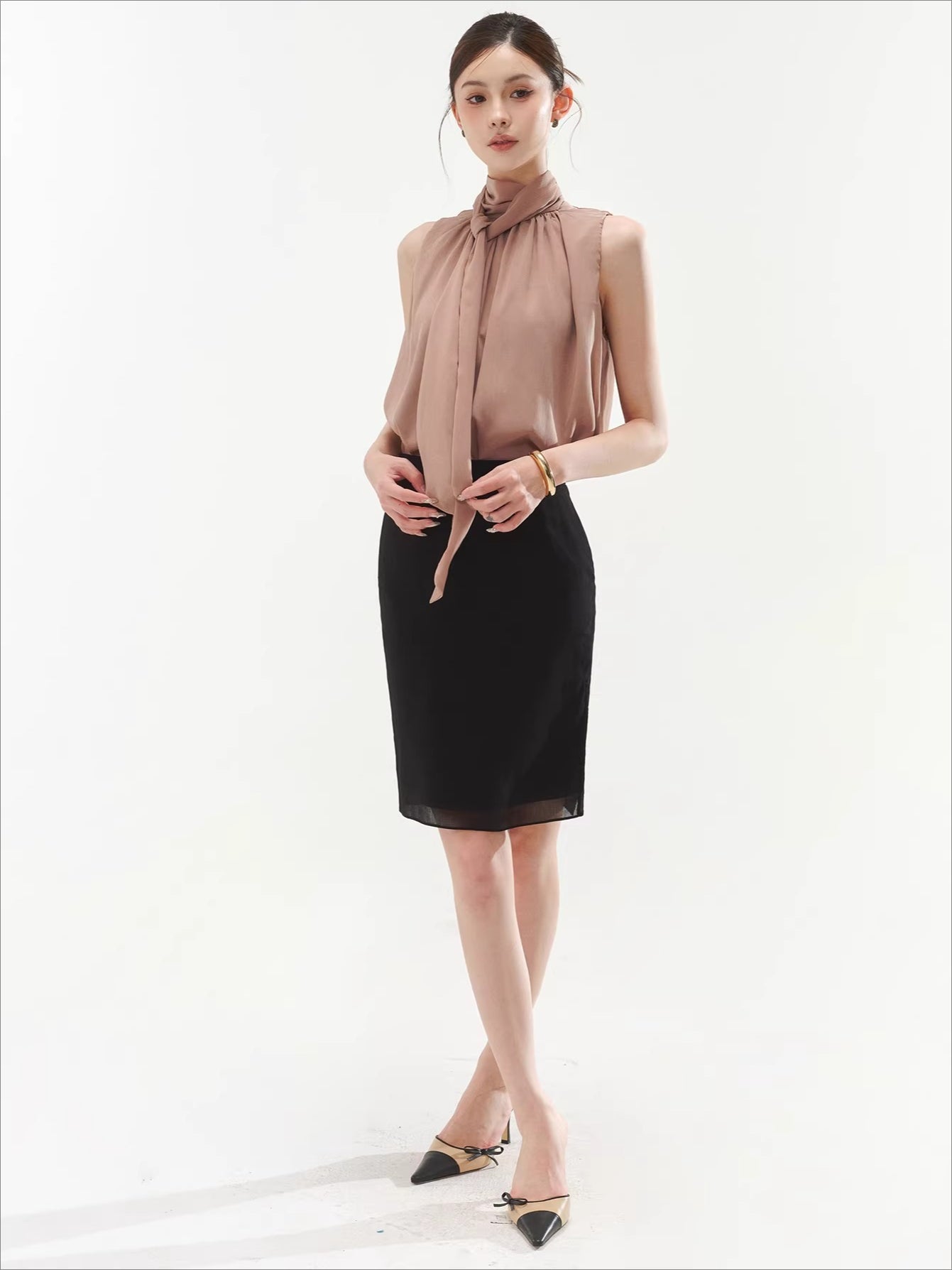 Sleeveless Drape Top & High-Waist Straight Midi Skirt Set