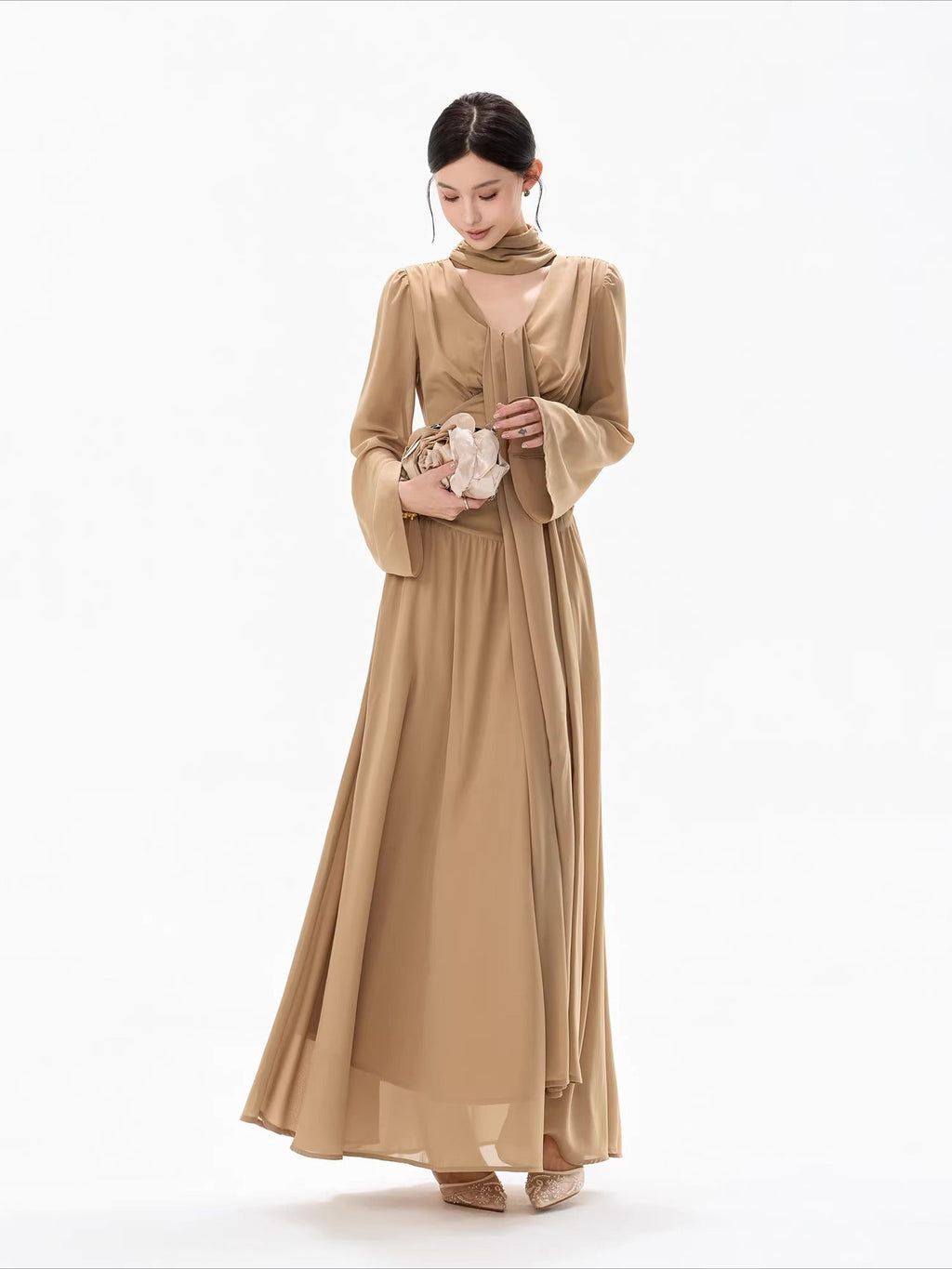 French Ribbon-Tie V-Neck Chiffon Maxi Dress