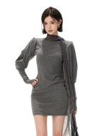 Minimalist Draped Turtleneck Knit Mini Dress with Tassel Ties