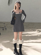 Slim-Fit Black Waist-Cinched Long-Sleeve Dress