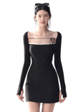 Slim-Fit Black Waist-Cinched Long-Sleeve Dress