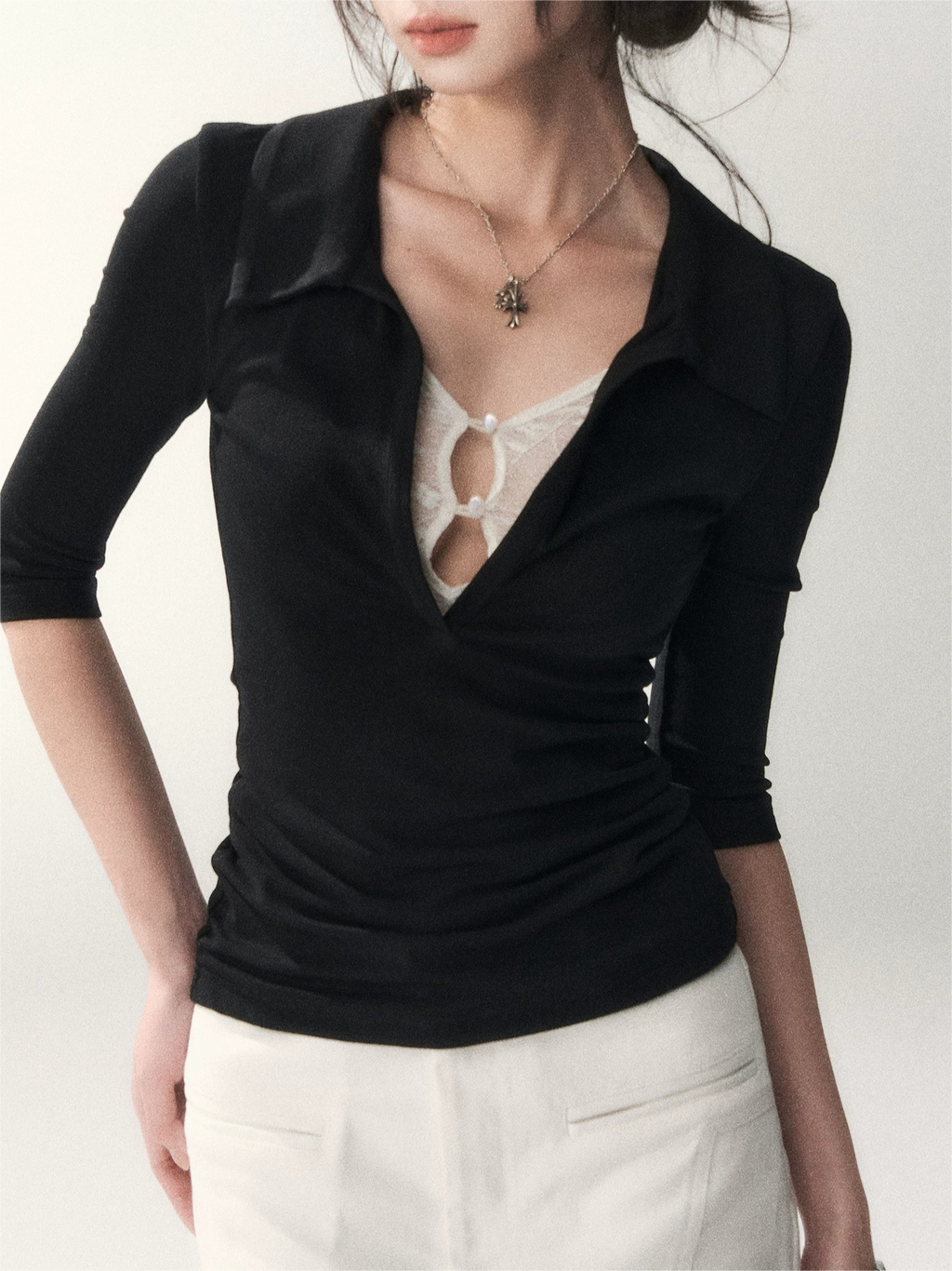 Black Lace Panel Faux-Layer Fitted Top