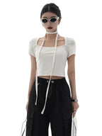 Tie-Detail Square-Neck Cropped T-Shirt