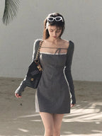 Slim-Fit Black Waist-Cinched Long-Sleeve Dress