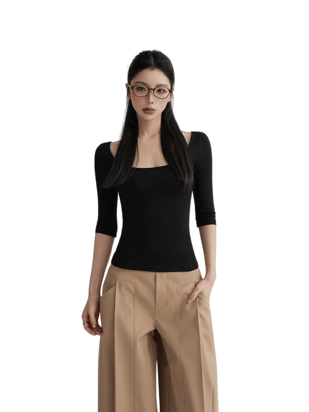 Lyocell Open-Back Fitted Mid-Sleeve T-Shirt