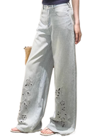 Bohemian Cut-Out Embroidered Wide-Leg Denim Trousers