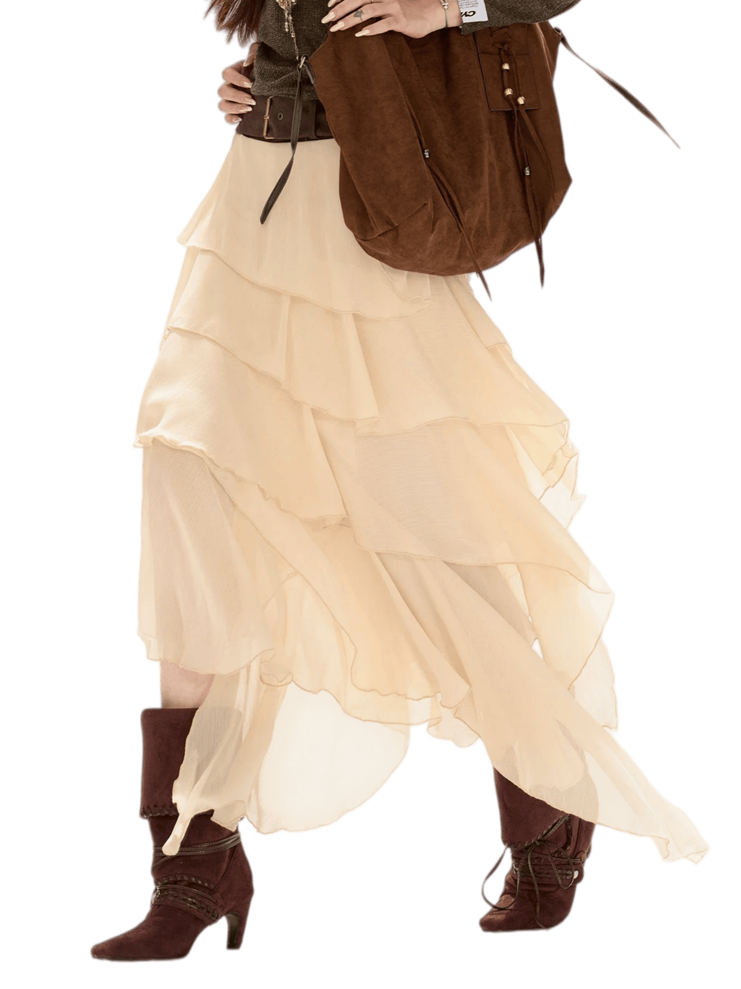 Faux-Belt Tiered Chiffon Maxi Skirt
