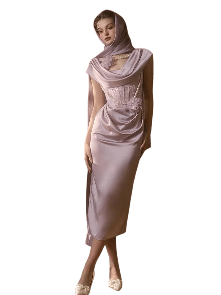 French Romantic Purple Satin Corset Dress