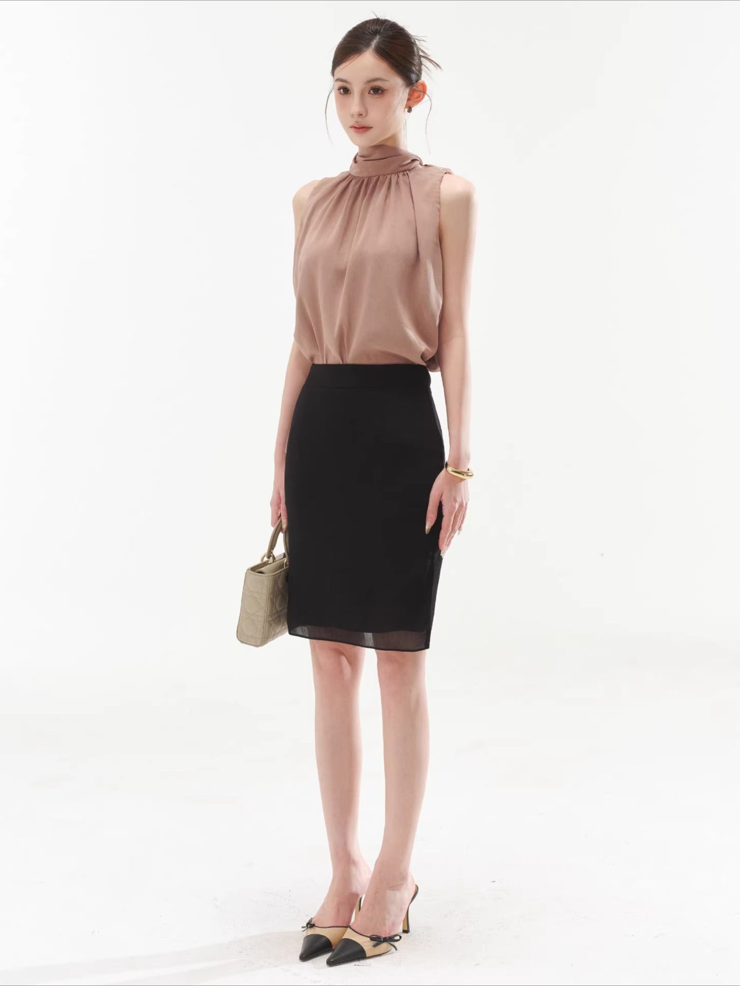 Sleeveless Drape Top & High-Waist Straight Midi Skirt Set