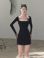 Slim-Fit Black Waist-Cinched Long-Sleeve Dress