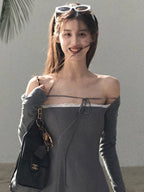 Slim-Fit Black Waist-Cinched Long-Sleeve Dress