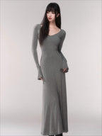 V-Neck Waist-Defining Knit Maxi Dress